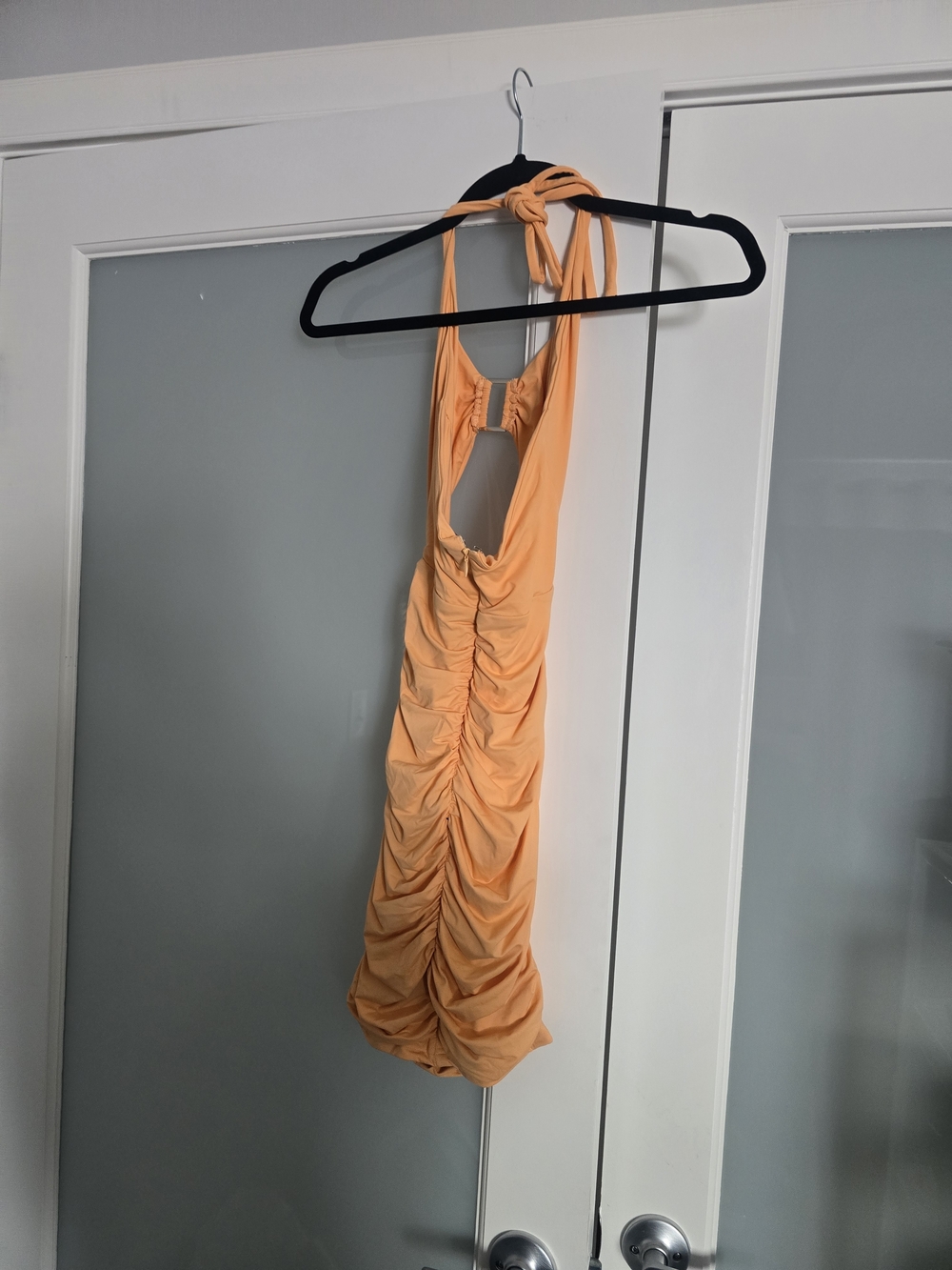 Ruched Halter Mini Dress in Peach Orange - Picture 2 of 3